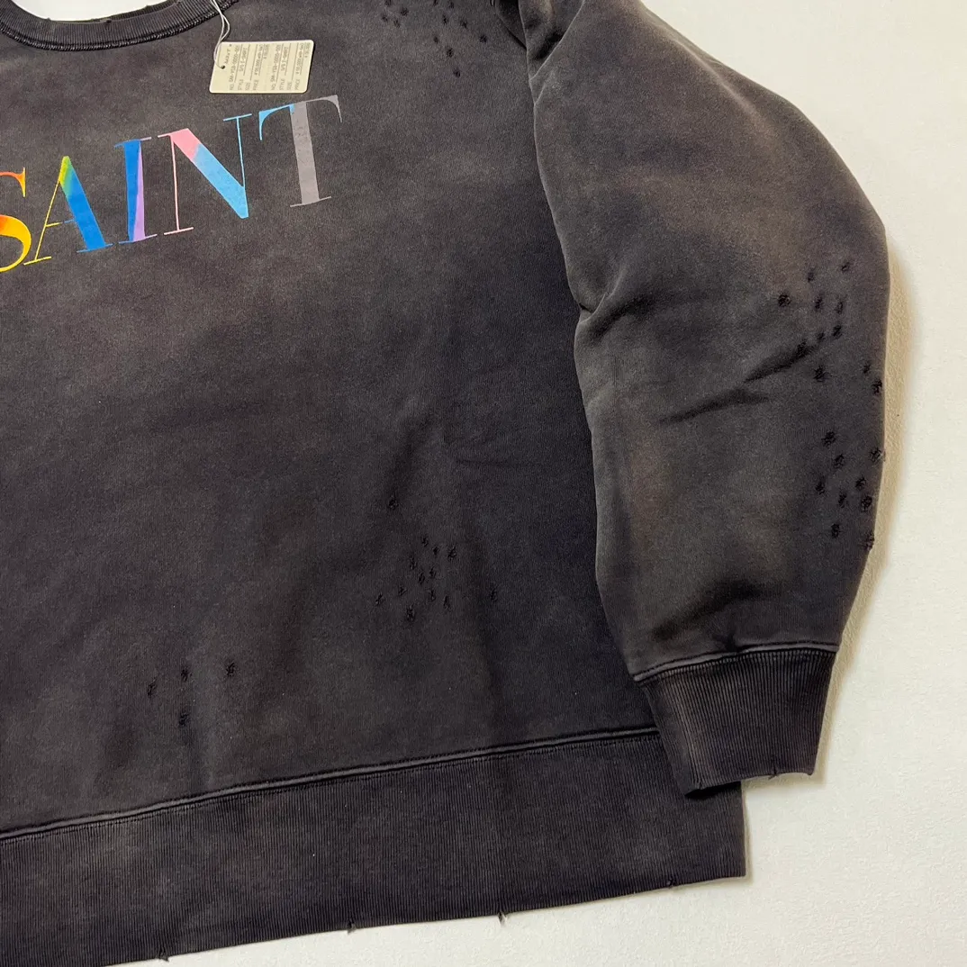 SAINT Mxxxxxx CREW NECK SWT SHIRTS 'RAINBOW SNT'/BLK Rainbow SAINT destruction sweatshirt, washed black S-XL Assute dyeing, genuine whole garment sprayed with horsetail fading process, collar/cuffs frayed in many places, front and rear panels/sleeves super complicated hanging grinding, heavy washing and water discoloration, correct fruit mark/angel mark